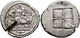 MACEDON. Akanthos. Circa 480-470 BC. Tetradrachm (Silver, 30 mm, 17.17 g). Lion right, attacking a bull collapsing to left with head raised to right; ...