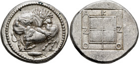 MACEDON. Akanthos. Circa 470-430 BC. Tetradrachm (Silver, 30 mm, 17.28 g, 5 h). Lion to right, attacking a bull collapsing to left with head raised; i...