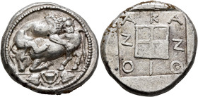 MACEDON. Akanthos. Circa 470-430 BC. Tetradrachm (Silver, 26 mm, 17.29 g, 6 h). Lion right, attacking a bull collapsing to left; in exergue, kantharos...