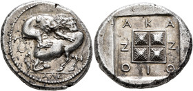 MACEDON. Akanthos. Circa 430-390 BC. Tetradrachm (Silver, 27 mm, 14.41 g, 11 h), light 'Thraco-Macedonian' standard. Ale..., magistrate. Lion right, a...