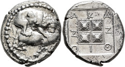 MACEDON. Akanthos. Circa 430-390 BC. Tetradrachm (Silver, 25 mm, 14.34 g, 1 h), light 'Thraco-Macedonian' standard. Lion right, attacking a bull kneel...