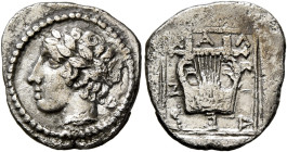 MACEDON, Chalkidian League. Circa 425-420 BC. Tetrobol (Silver, 17 mm, 2.34 g, 12 h), Olynthos. Laureate head of Apollo to left; to right, Δ. Rev. X-A...