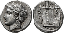 MACEDON, Chalkidian League. Circa 420-379 BC. Tetradrachm (Silver, 26 mm, 14.22 g, 12 h), Olynthos. Laureate head of Apollo to left. Rev. X-A-Λ-[KIΔ]-...