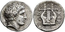 MACEDON, Chalkidian League. Circa 432-348 BC. Tetradrachm (Silver, 25 mm, 14.41 g, 9 h), Olynthos, Ariston, magistrate, circa 350. Laureate head of Ap...
