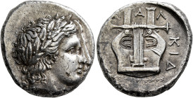 MACEDON, Chalkidian League. Circa 432-348 BC. Tetradrachm (Silver, 25 mm, 14.42 g, 12 h), Olynthos, Aristonos, magistrate, circa 350. Laureate head of...