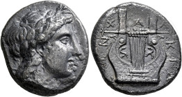 MACEDON, Chalkidian League. Circa 380 BC. Tetradrachm (Silver, 28 mm, 14.00 g, 7 h), Olynthos. Laureate head of Apollo to right. Rev. XAΛ-KIΔ-EΩΝ Kith...