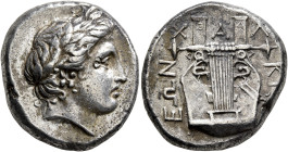 MACEDON, Chalkidian League. Circa 373-370 BC. Tetradrachm (Silver, 24 mm, 14.48 g, 11 h), Olynthos. Leades, magistrate. Laureate head of Apollo to rig...