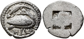 MACEDON. Eion. Circa 460-400 BC. Obol (Silver, 12 mm, 0.90 g). Goose standing right, head to left; above, lizard left; below, H. Rev. Quadripartite in...