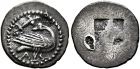 MACEDON. Eion. Circa 460-400 BC. Obol (Silver, 12 mm, 0.76 g). Goose standing right, head to left; above, lizard left; below, A. Rev. Quadripartite in...