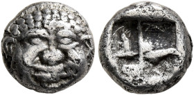 MACEDON. Neapolis. Circa 500-480 BC. Obol (Silver, 9 mm, 1.06 g). Facing gorgoneion with protruding tongue. Rev. Quadripartite incuse square. Rosen 38...