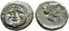 MACEDON. Neapolis. Circa 375-350 BC. Chalkous (Bronze, 12 mm, 1.55 g, 6 h). Facing gorgoneion with protruding tongue. Rev. NEO Female head (nymph?) to...
