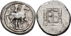 KINGS OF MACEDON. Alexander I, 498-454 BC. Oktadrachm (Silver, 33 mm, 28.68 g, 10 h), circa 479-475. Horseman, wearing chlamys and petasos, holding tw...