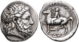 KINGS OF MACEDON. Philip II, 359-336 BC. Tetradrachm (Silver, 26 mm, 14.42 g, 6 h), Amphipolis, circa 356-355. Laureate head of Zeus to right. Rev. ΦΙ...