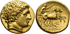 KINGS OF MACEDON. Philip II, 359-336 BC. Stater (Gold, 18 mm, 8.63 g, 5 h), Pella, struck under Philip II or Alexander III, circa 340/36-328. Laureate...