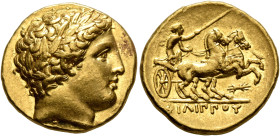 KINGS OF MACEDON. Philip II, 359-336 BC. Stater (Gold, 18 mm, 8.59 g, 1 h), Pella, struck under Philip II or Alexander III, circa 340/36-328. Laureate...