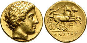 KINGS OF MACEDON. Philip II, 359-336 BC. Stater (Gold, 18 mm, 8.58 g, 9 h), Pella, struck under Philip II or Alexander III, circa 340/36-328. Laureate...