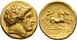 KINGS OF MACEDON. Philip II, 359-336 BC. Stater (Gold, 18 mm, 8.59 g, 7 h), Pella, struck under Philip II or Alexander III, circa 340/36-328. Laureate...