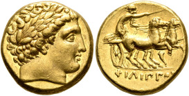 KINGS OF MACEDON. Philip II, 359-336 BC. Stater (Gold, 18 mm, 8.62 g, 12 h). Pella, struck under Philip II or Alexander III, circa 340/36-328. Laureat...