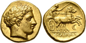 KINGS OF MACEDON. Philip II, 359-336 BC. Stater (Gold, 18 mm, 8.59 g, 3 h), Amphipolis, circa 340/36-328. Laureate head of Apollo to right. Rev. ΦΙΛΙΠ...