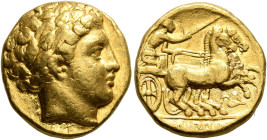 KINGS OF MACEDON. Philip II, 359-336 BC. Stater (Gold, 17 mm, 8.63 g, 6 h), Amphipolis, struck under Philip II or Alexander III, circa 340/36-328. Lau...