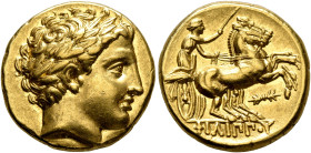 KINGS OF MACEDON. Philip II, 359-336 BC. Stater (Gold, 17 mm, 8.61 g, 5 h), Pella, under Antipater or Polyperchon or Kassander, circa 323/2-315. Laure...