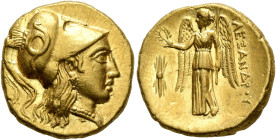 KINGS OF MACEDON. Alexander III ‘the Great’, 336-323 BC. Stater (Gold, 18 mm, 8.61 g, 9 h), uncertain mint in the East, circa 325-300. Head of Athena ...