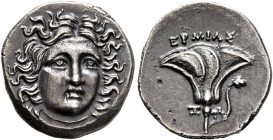 KINGS OF MACEDON. Perseus, 179-168 BC. Drachm (Silver, 15 mm, 2.66 g), pseudo-Rhodian issue, uncertain mint in Thessaly, Hermias, magistrate, circa 17...