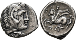 ILLYRIA. Dyrrhachion. Circa 344-300 BC. Drachm (Silver, 14 mm, 1.67 g, 3 h). Head of Herakles to right, wearing lion skin headdress. Rev. Δ-Υ-Ρ Pegaso...