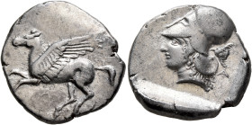 EPEIROS. Ambrakia. Circa 404-360 BC. Stater (Silver, 22 mm, 8.15 g, 5 h). Pegasos flying left; below, A. Rev. Head of Athena to left, wearing Corinthi...