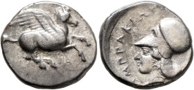 EPEIROS. Ambrakia. Circa 404-360 BC. Stater (Silver, 21 mm, 8.24 g, 3 h). Pegasos flying right. Rev. AMΠPAKIΩ[TAN] Head of Athena to left, wearing Cor...