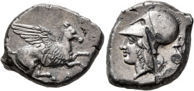 EPEIROS. Ambrakia. Circa 360-338 BC. Stater (Silver, 21 mm, 8.54 g, 1 h). Pegasos flying right; below, A. Rev. Head of Athena to left, wearing Corinth...