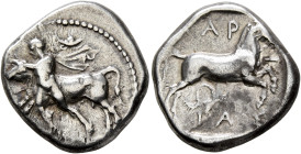 THESSALY. Larissa. Circa 440-400 BC. Drachm (Silver, 19 mm, 6.07 g, 12 h). Thessalos, with petasos and cloak over his shoulders, striding left, holdin...