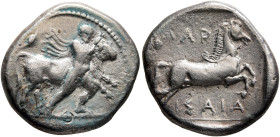 THESSALY. Larissa. Circa 420-400 BC. Drachm (Silver, 19 mm, 5.60 g, 12 h). Thessalos, with petasos and cloak over his shoulders, striding right, holdi...