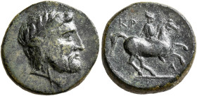 THESSALY. Krannon. Circa 400-350 BC. Dichalkon (Bronze, 18 mm, 5.42 g, 2 h). Laureate head of Poseidon to right. Rev. KP-A Horseman to right, wearing ...