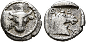 THESSALY. Pharkadon. Circa 460 BC. Obol (Silver, 10 mm, 0.90 g, 6 h). Head of a bull to right, head turned facing; above, barley grain. Rev. ΦΑ-Ρ Head...