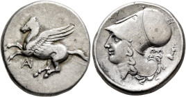 AKARNANIA. Anaktorion. Circa 350-300 BC. Stater (Silver, 23 mm, 8.47 g, 12 h). Pegasos flying left; below, monogram of AN. Rev. API Head of Athena to ...