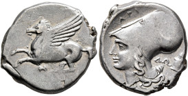 AKARNANIA. Anaktorion. Circa 350-300 BC. Stater (Silver, 22 mm, 8.27 g, 3 h). Pegasos flying left; below, monogram of AN. Rev. API Head of Athena to l...