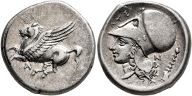 AKARNANIA. Anaktorion. Circa 350-300 BC. Stater (Silver, 21 mm, 8.54 g, 1 h). Pegasos flying left; below, monogram of AN. Rev. ΛΥΣ Head of Athena to l...