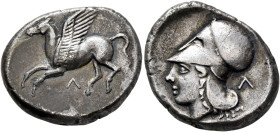 AKARNANIA. Leukas. Circa 350-320 BC. Stater (Silver, 22 mm, 8.45 g, 12 h). Λ Pegasos flying left. Rev. Head of Athena to left, wearing Corinthian helm...