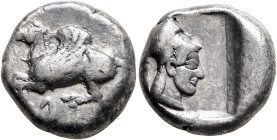 AKARNANIA. Leukas. Circa 470-450 BC. Stater (Silver, 17 mm, 8.56 g, 5 h). Bridled Pegasos with curved wing flying left; below, Λ. Rev. Head of Athena ...