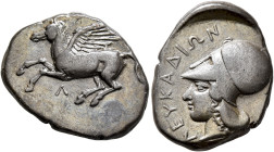 AKARNANIA. Leukas. Circa 375-350 BC. Stater (Silver, 23 mm, 8.41 g, 9 h). Pegasos flying left; below, Λ. Rev. ΛΕΥΚΑΔΙΩΝ Head of Athena to left, wearin...