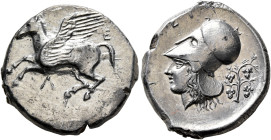 AKARNANIA. Leukas. Circa 375-350 BC. Stater (Silver, 23 mm, 8.52 g, 9 h). Pegasos flying left; to right, E; below, Λ. Rev. ΛEY Head of Athena to left,...