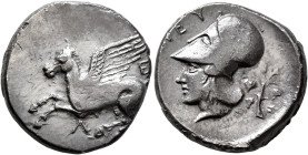 AKARNANIA. Leukas. Circa 375-350 BC. Stater (Silver, 22 mm, 8.00 g, 6 h). Pegasos flying left; to right, E; below, Λ. Rev. ΛEY Head of Athena to left,...