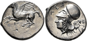 AKARNANIA. Leukas. Circa 375-350 BC. Stater (Silver, 23 mm, 8.34 g, 4 h). Λ-E Pegasos flying left. Rev. ΛEY Head of Athena to left, wearing Corinthian...