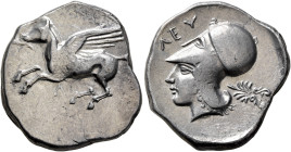 AKARNANIA. Leukas. Circa 375-350 BC. Stater (Silver, 23 mm, 8.43 g, 6 h). Λ Pegasos flying left. Rev. ΛΕΥ Head of Athena to left, wearing Corinthian h...