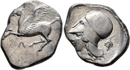 AKARNANIA. Leukas. Circa 375-350 BC. Stater (Silver, 23 mm, 8.63 g, 6 h). Pegasos flying left; below, Λ. Rev. Head of Athena to left, wearing Corinthi...