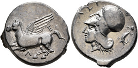 AKARNANIA. Leukas. Circa 375-350 BC. Stater (Silver, 22 mm, 8.54 g, 9 h). Λ Pegasos flying left; to right, E. Rev. ΛΕΥ Head of Athena to left, wearing...
