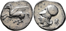 AKARNANIA. Leukas. Circa 375-350 BC. Stater (Silver, 23 mm, 8.52 g, 12 h). Λ Pegasos flying left. Rev. ΛΕΥ Head of Athena to left, wearing Corinthian ...