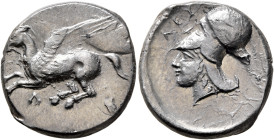 AKARNANIA. Leukas. Circa 380-320 BC. Stater (Silver, 23 mm, 8.51 g, 12 h). Pegasos flying left; below, Λ. Rev. ΛΕΥ Head of Athena to left, wearing Cor...