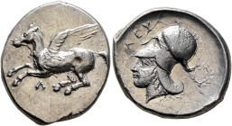 AKARNANIA. Leukas. Circa 380-320 BC. Stater (Silver, 24 mm, 8.60 g, 8 h). Pegasos flying left; below, Λ. Rev. ΛΕΥ Head of Athena to left, wearing Cori...